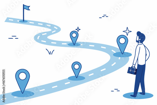 Success roadmap journey, milestone or career path achievement, route or pathway to achieve goals, accomplishment, assessment or way to success, businessman look at achievement milestone to success. 