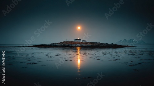 Serene winter night on a small island with snow-covered terrain, calm water, and a luminous full moon overhead  