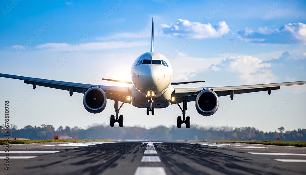 Obraz premium Airplane landing on runway at sunset (1)