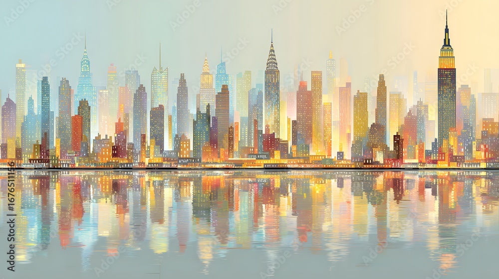 Obraz premium Vibrant cityscape of a modern metropolis reflected in a tranquil body of water, showcasing a colorful palette of buildings and illuminated windows, creating a serene and optimistic atmosphere.