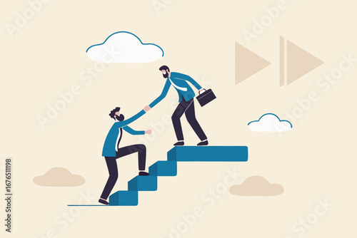Business mentor or leadership help colleague to succeed and reach goal achieve target, mentorship, support or help career success, businessman leader help employee climb to target at top of stair.