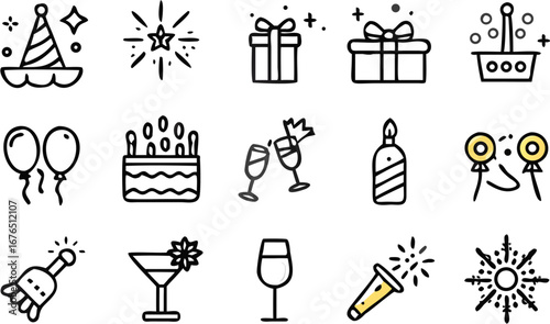 Vector illustration of a collection of party and celebration icons including gifts, cake, drinks and decorations