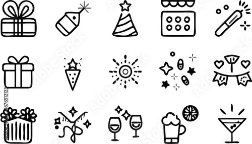 Vector illustration of party elements including gifts, drinks, decorations, calendar and other celebration icons