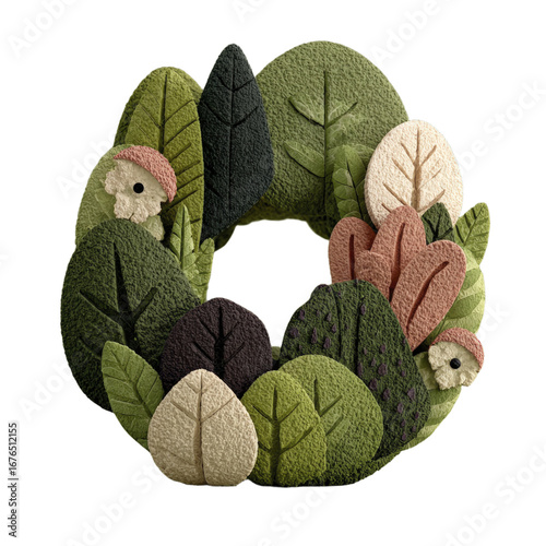 A textured circular arrangement of stylized green brown and white trees and leaves