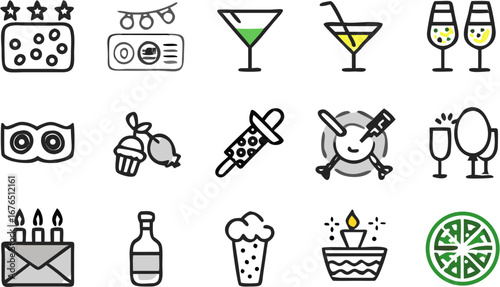 Vector illustration showcasing a variety of party and celebration themed icons including drinks and decorations