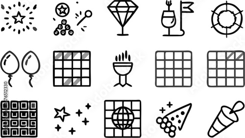 Vector collection of various celebration icons including stars balloons diamond and party favors in black and white