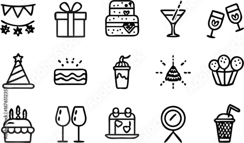 Vector illustration of party celebration elements including cake, gift, drinks, and festive decorations icons