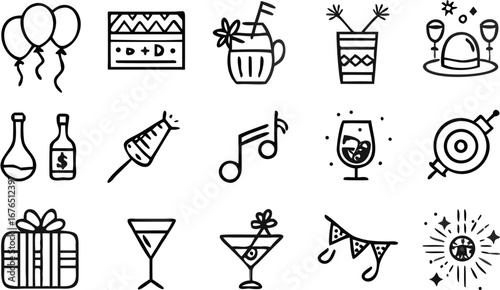 Vector illustration of party celebration elements including balloons, gifts, drinks and musical notes vector set