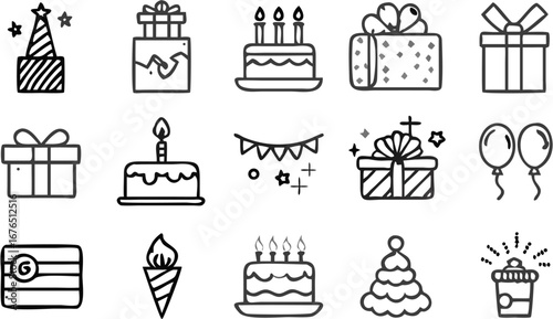 Vector illustration featuring party elements such as gifts, cakes, balloons, and a party hat in a doodle style
