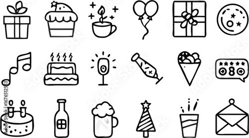 Vector illustration of various party and celebration themed doodles including gifts cake balloons and beverages drawn in black