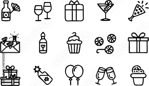 Vector illustration of party and celebration icons including gifts drinks and sweets in a line art style