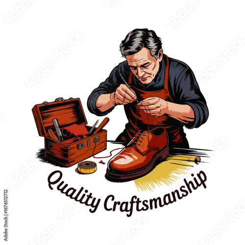 Cobbler carefully stitches leather shoe using needle and thread with small toolbox placed close by