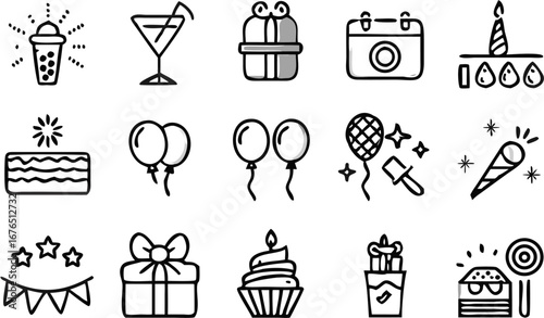 Vector illustration of birthday celebration icons including cake balloons presents and party favors in black and white