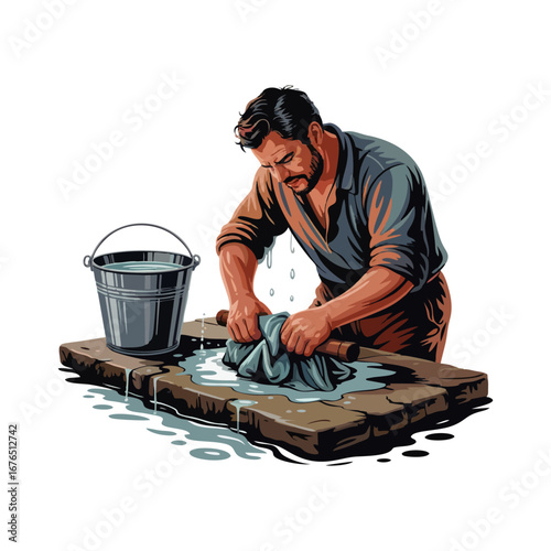 Washerman vigorously beats wet clothes on stone beside water bucket showing daily life traditional work scene