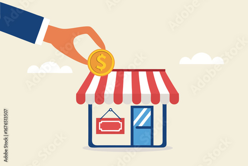 
Funding small business, backing startup project or banking loan to start new business, investment or saving to open new shop concept, businessman hand funding by put coin into small business store.