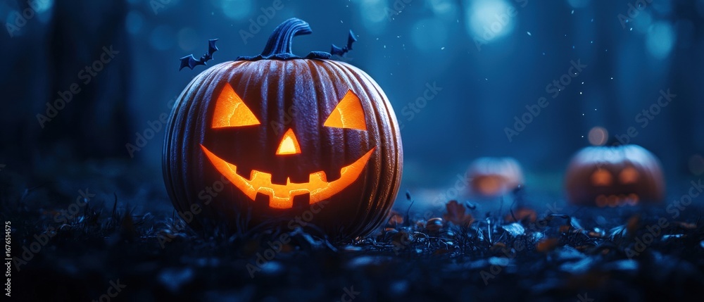 Fototapeta premium Spooky illuminated jack-o'-lanterns in a misty forest