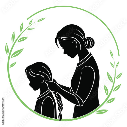 Black Vector Silhouette of Mother Braiding Daughter’s Hair