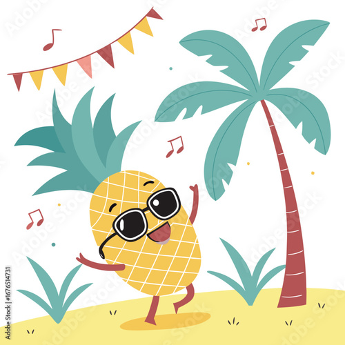Happy dancing pineapple character wearing sunglasses on a beach with a palm tree and flags fruit