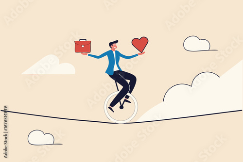 Work life balance, working lifestyle compromise with family or personal health, choice or balance between work stress and relaxation concept, businessman balance himself with heart and briefcase.