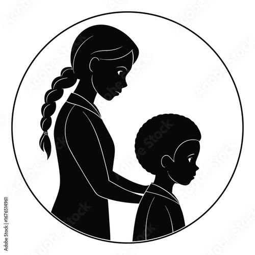 Black Silhouette of Caregiver Nurturing Child with Hair Braiding