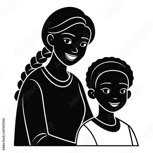 Silhouette of Mother Braiding Child’s Hair Tender Care Illustration