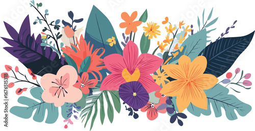 Vibrant tropical floral arrangement with exotic flowers and lush greenery on white background
