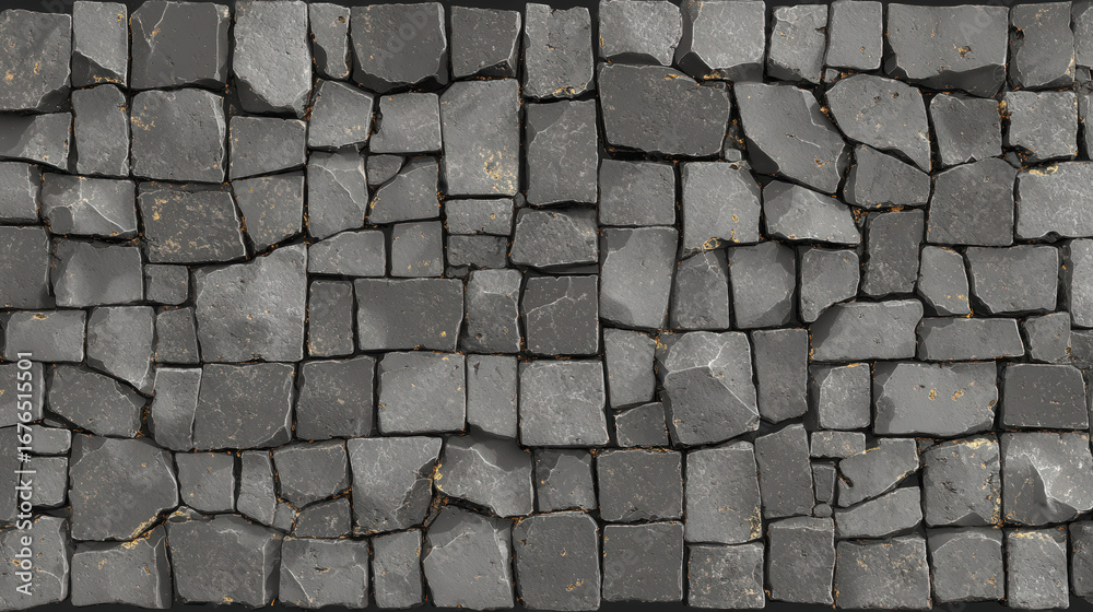 Obraz premium Irregular gray cobblestone top-down texture with realistic shadows, suited for game environments and architectural visualization projects