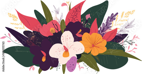 Vibrant tropical floral arrangement with exotic flowers and lush green leaves