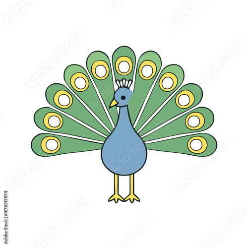 Blue peacock displaying green tail feathers with yellow and white eye spots bird