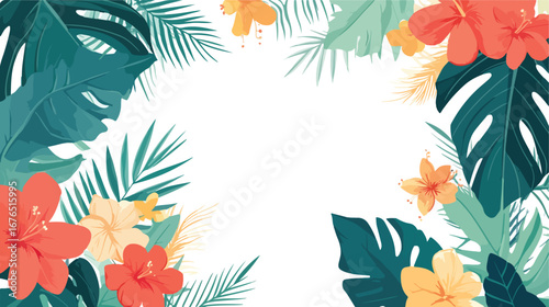 Vibrant tropical floral border with lush green leaves and exotic flowers