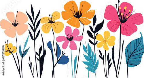 Vibrant abstract floral illustration with colorful blooming flowers and green leaves on white background