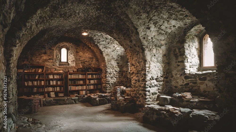 Fototapeta premium An ancient stone library, filled with aged books, bathed in pale sunlight streaming through a high arched window.