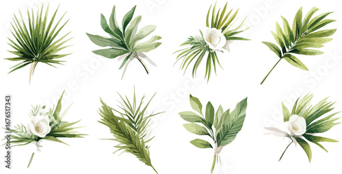 Collection of delicate watercolor botanical illustrations of lush green tropical palm leaves and foliage