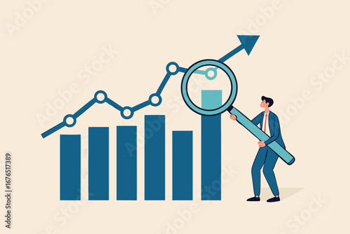 Trend analysis, marketing and sales information, analyze or predict trend line or profit, business forecast report concept, businessman analyst analyze trend graph and chart with magnifying glass.