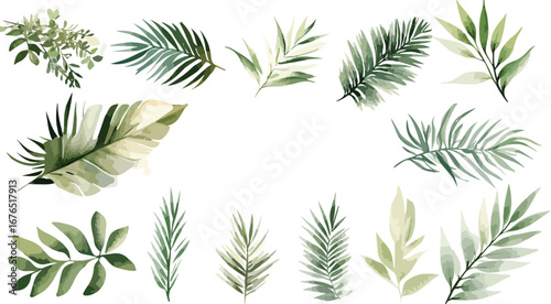 Collection of delicate watercolor painted green tropical leaves and foliage arranged in a circular frame
