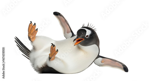 A gentoo penguin is captured in a humorous pose, lying on its back with its flippers in the air, isolated on a clean transparent background
