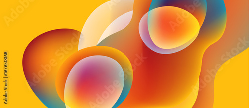 Abstract vibrant shapes overlap, creating fluid colorful gradients. Warm tones dominate, with hints of cool shades. Dynamic composition.