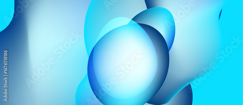 Abstract blue shapes overlap, creating soft gradients. Light reflects, suggesting fluid motion, smooth texture. Minimalist design, calming aesthetic.