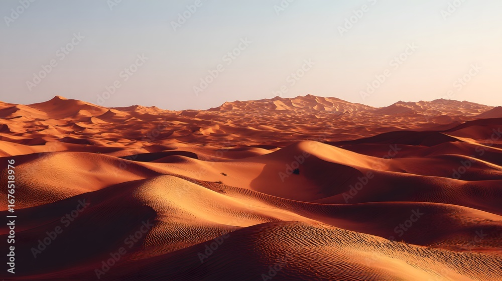 Naklejka premium Vast, rolling sand dunes stretch into the distance under a pale, clear sky, bathed in warm sunlight.