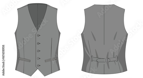 Sophisticated gray waistcoat displayed from the front and back views on a clean white backdrop showing detailed tailoring 99 characters