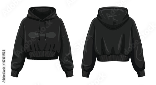 Elegant black cropped hoodie illustration showcasing front and back designs, perfect for showcasing fashion styles and casual urban apparel details