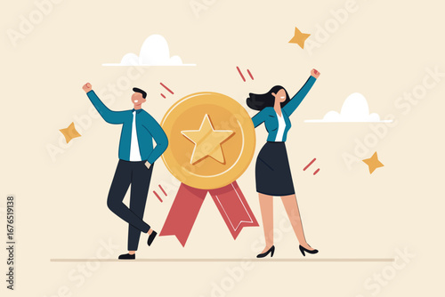 Professional or expert who success and win award, best office employee or specialist with skills to achieve goal concept, success businessman and businesswoman professional stand with star award.