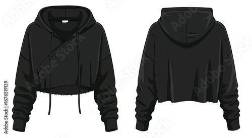 Stylish Black Cropped Hoodie: Front and Back View for Fashion and Apparel Design Visualizations