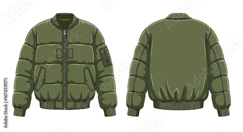 Olive Green Padded Bomber Jacket Illustration: Front and Back Views Depicting Fashionable Outerwear and Design Details 150