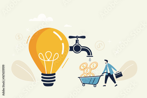 Startup company start generate revenue or income, business idea to make money, gain profit or create sales concept, businessman get money from revenue faucet flowing from lightbulb idea. 