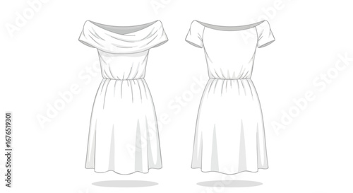 Elegant Off-the-Shoulder Dress Technical Drawing: Front and Back Views Showcasing Design Details