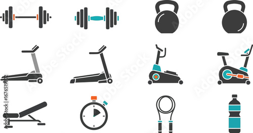 Collection of fitness equipment icons including weights and treadmills shown