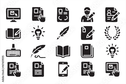 Creative Writing Icon Collection Featuring Books, Quill, and Article Symbols