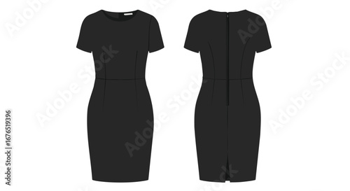 Black fitted short sleeve dress, displayed in front and back views showcasing design details, ideal for presentations on fashion or garment design