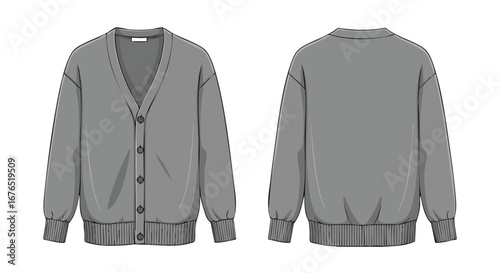 Stylized Gray Knit Cardigan Illustration Showcasing Front and Back Views with Realistic Texture and Shading Techniques